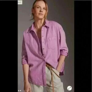 Anthropologie Pilcro Oversized Linen Blend Oxford Button Down Shirt, Lilac, S